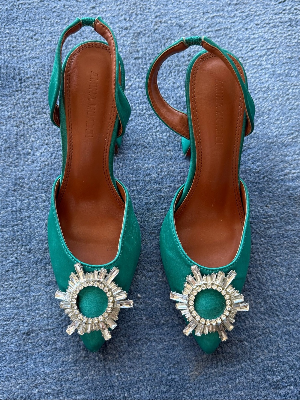 Amina Muaddi Teal Satin Slingback Heels with Crystal Sunburst